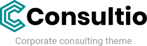 White background with gray dots and black text reading "Consultio Corporate consulting theme