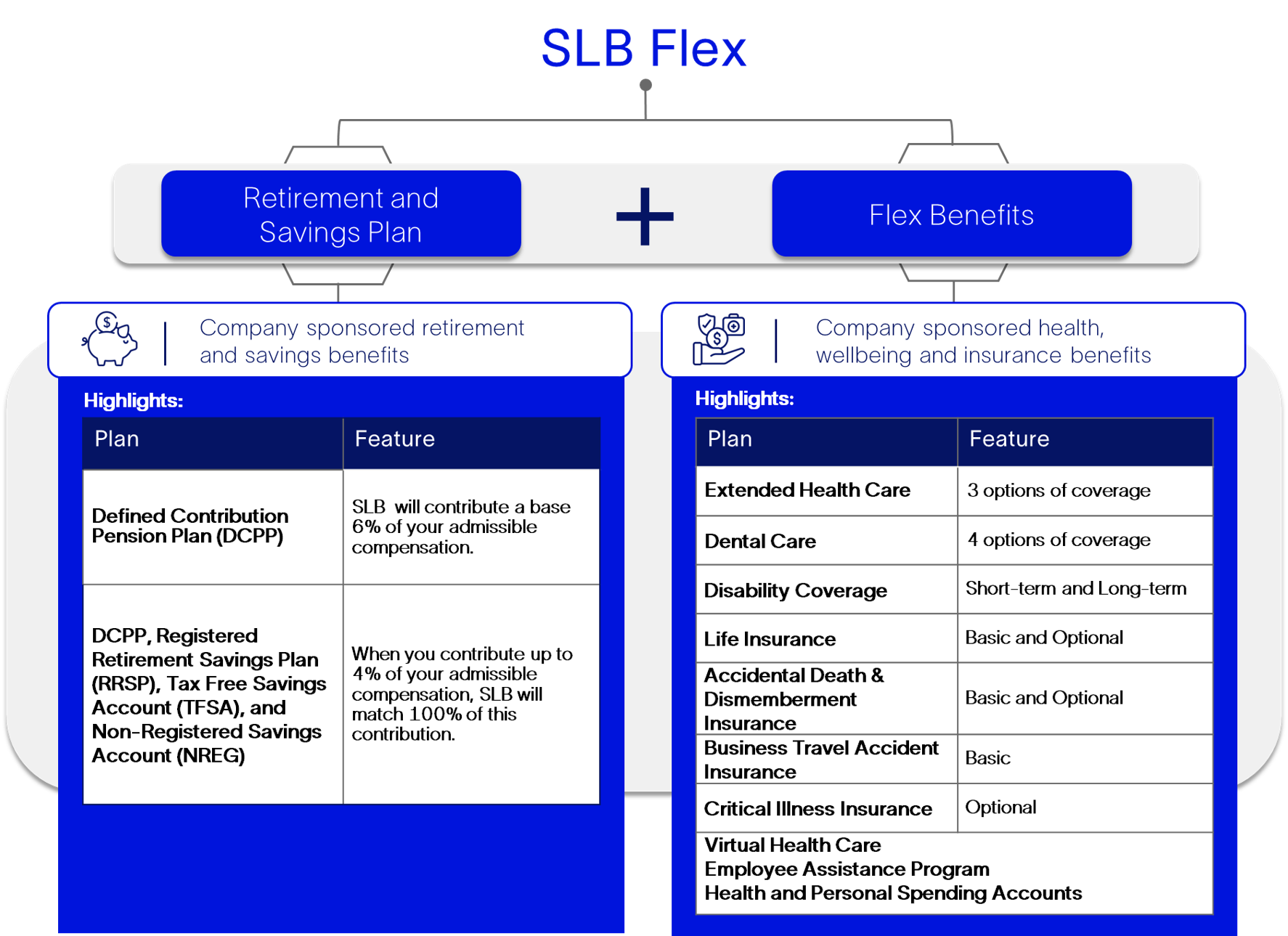 This infographic showcase SLB Retirement & Savings and Flex Benefits plans and their features.