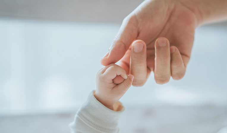 Child’s hand gently held in an adult’s hand, symbolizing birth or adoption