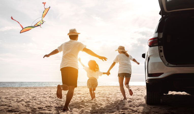 Shot of happy Family with car travel road trip.